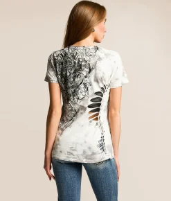 Tops | Affliction Blossom T-Shirt White Lt Grey Crystal Was