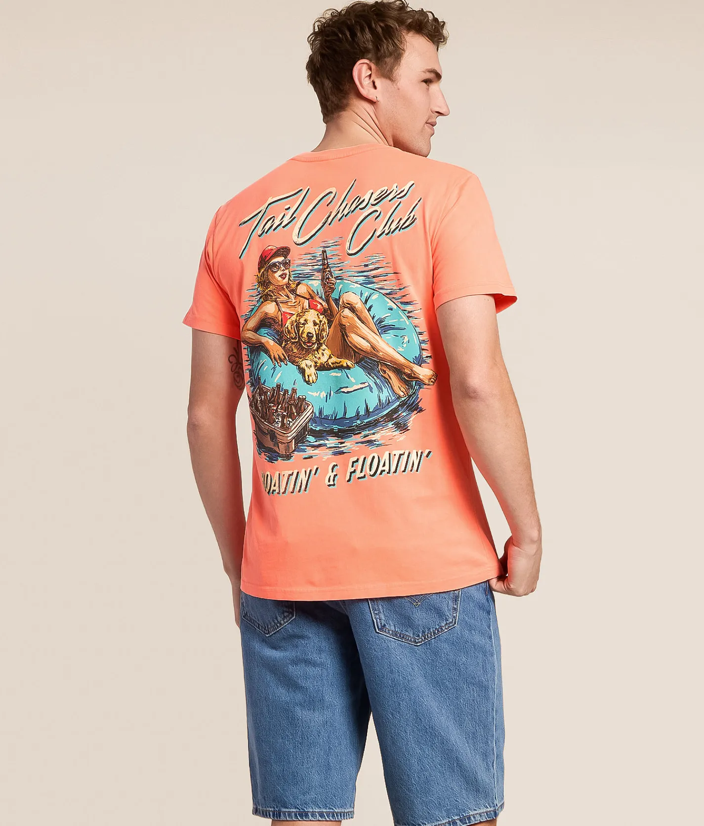 Tops|Graphic T-Shirts | Tail Chasers Club Boatin' & Floatin' T-Shirt Neon Red Orange Pigment D
