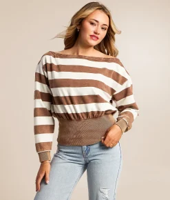 Tops | Gilded Intent Boatneck Striped Top Blue Brown Stripe