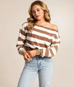 Tops | Gilded Intent Boatneck Striped Top Blue Brown Stripe
