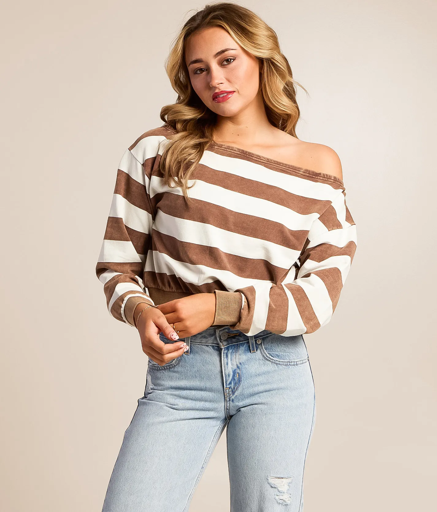 Tops | Gilded Intent Boatneck Striped Top Blue Brown Stripe