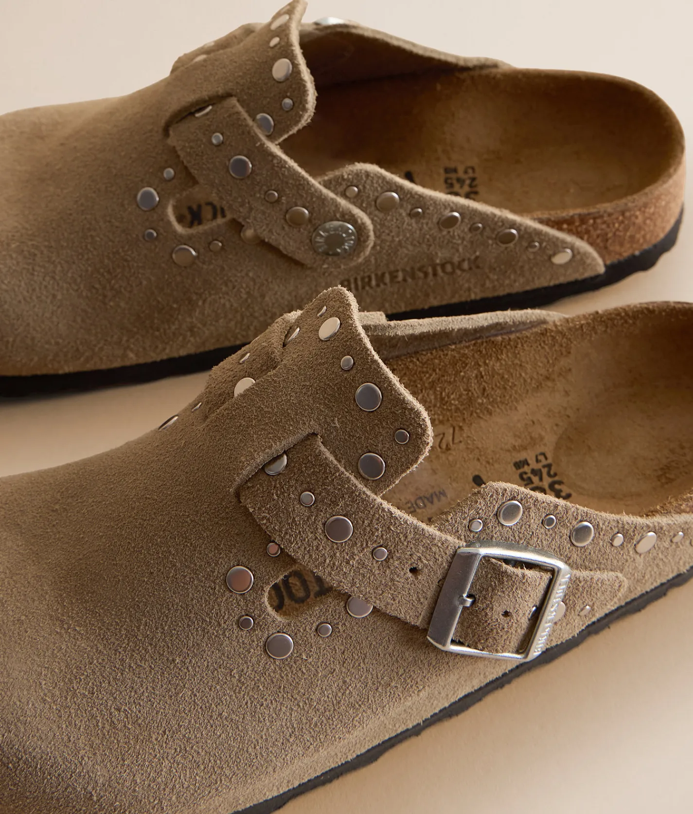 Birkenstock® Boston Rivet Border Suede Clog Taupe Clearance
