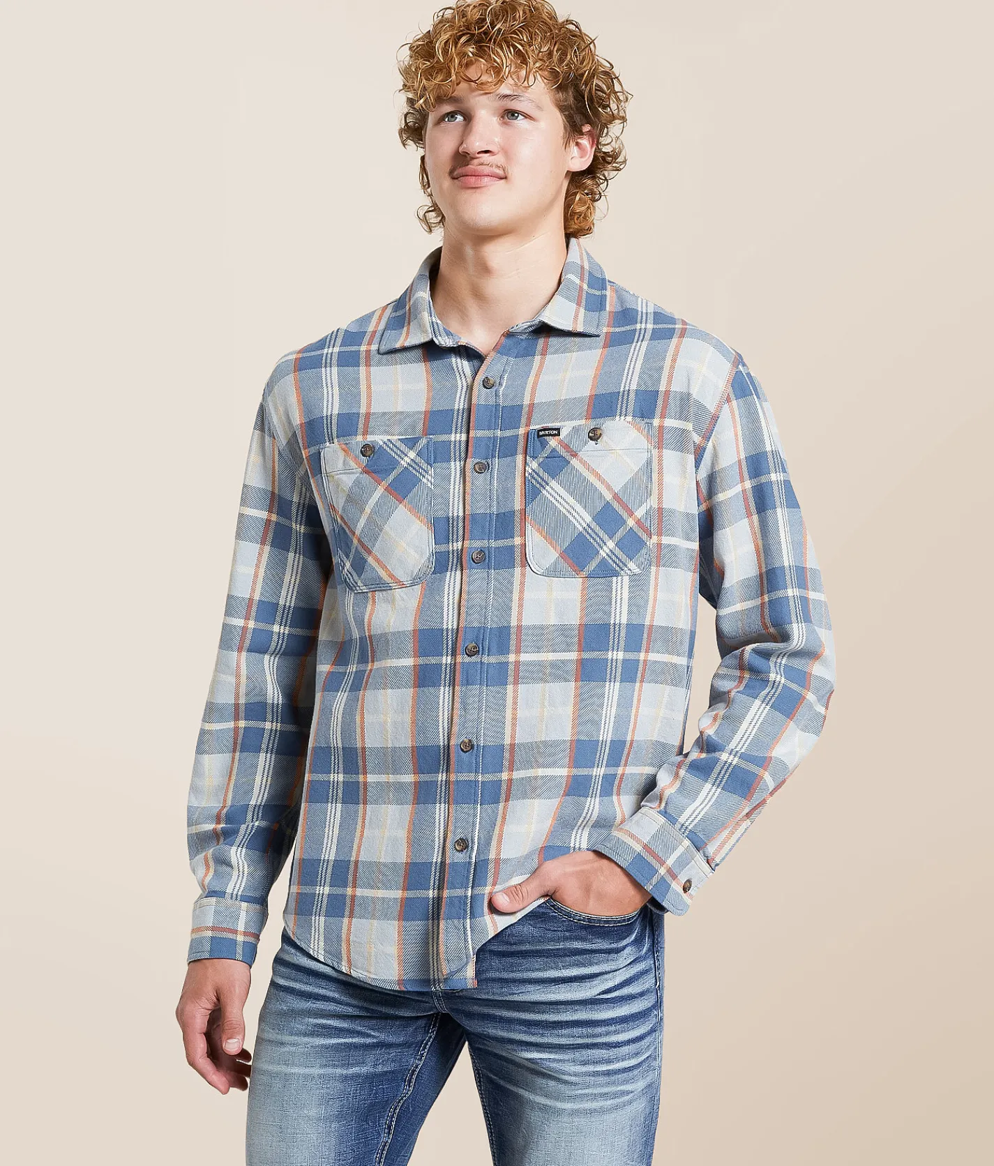 Tops | Brixton Bowery Flannel Shirt Blue Soft Blue Orange