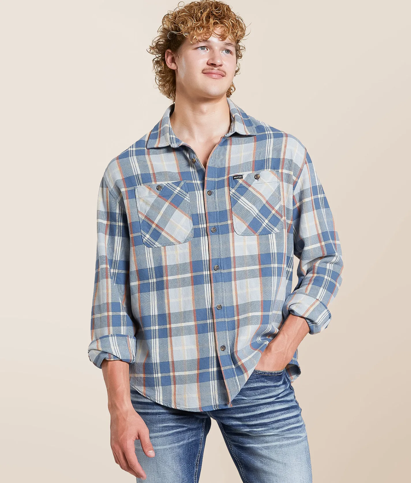 Tops | Brixton Bowery Flannel Shirt Blue Soft Blue Orange