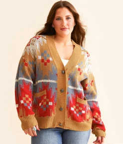 Wrangler® Boxy Cardigan Sweater Red Blue Brown New