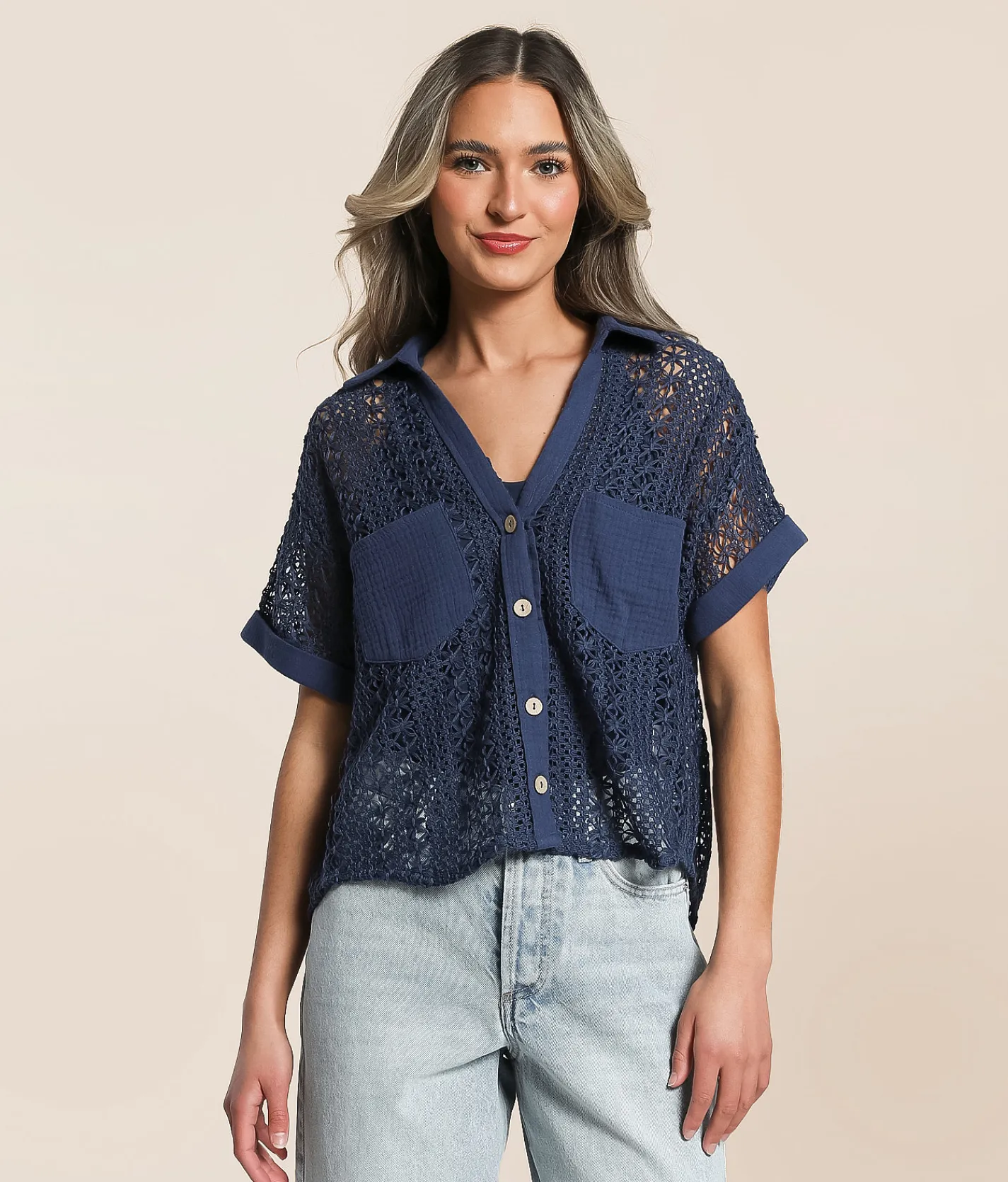 Tops | Hyfve Boxy Crochet Cropped Blouse Cobalt Blue