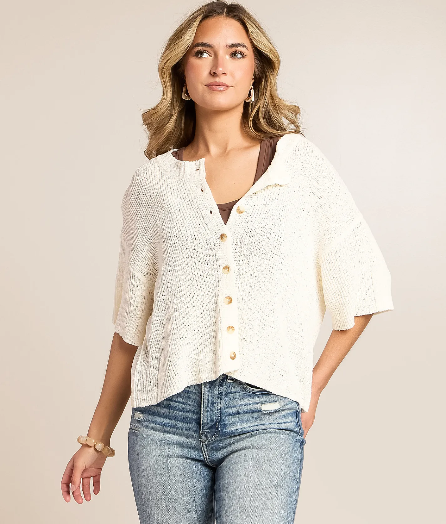 Tops | Blu Pepper Boxy Cropped Cardigan Sweater Cream