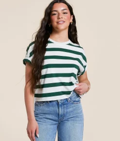 FITZ + EDDI Boxy Striped T-Shirt Hunter Green White Discount
