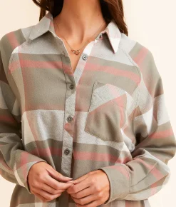 Tops | BKE Boyfriend Plaid Shirt Olive Cream