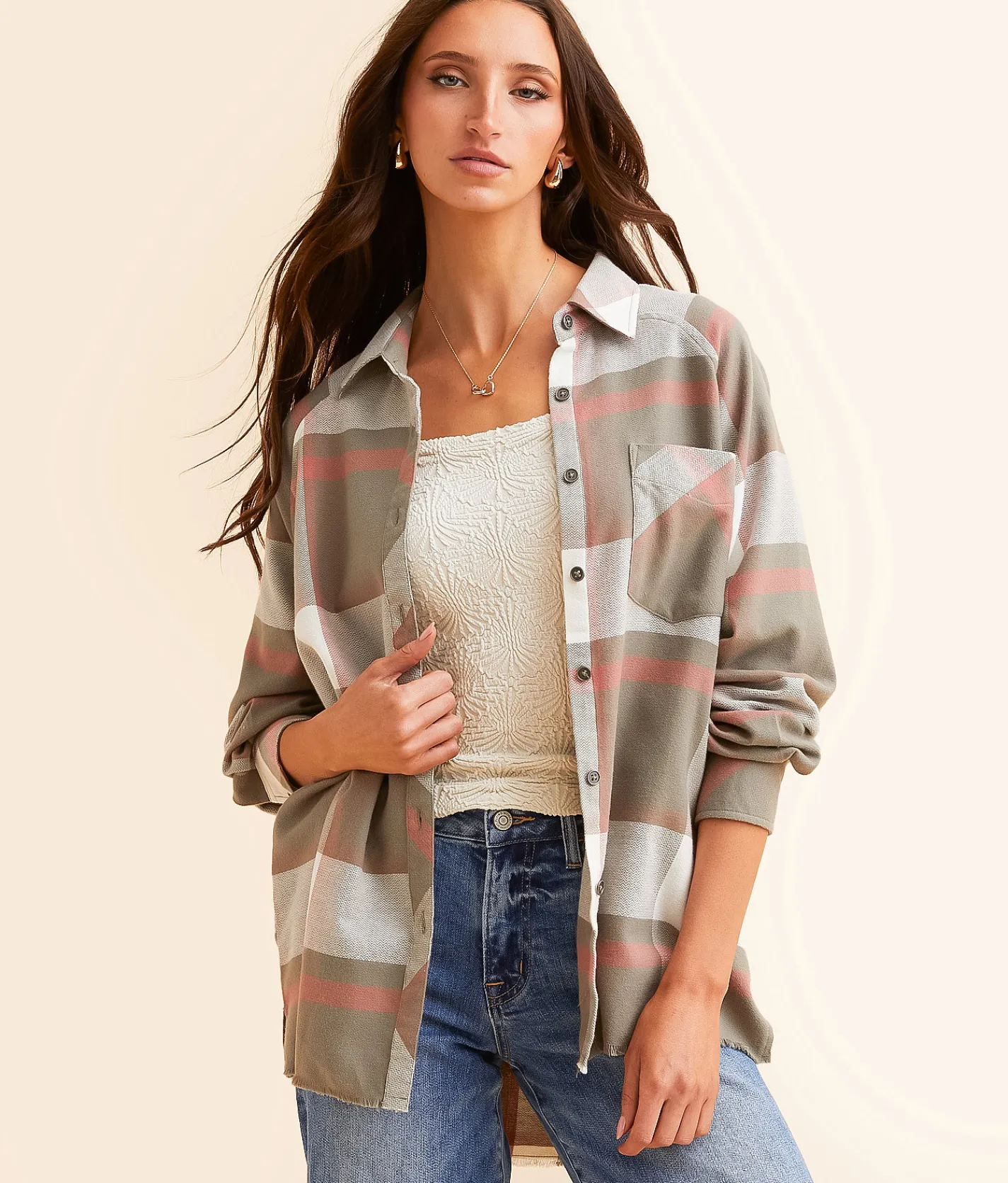 Tops | BKE Boyfriend Plaid Shirt Olive Cream