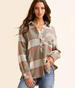 Tops | BKE Boyfriend Plaid Shirt Olive Cream