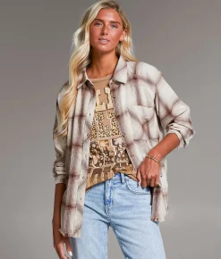 BKE Boyfriend Plaid Shirt Cream Choc Best