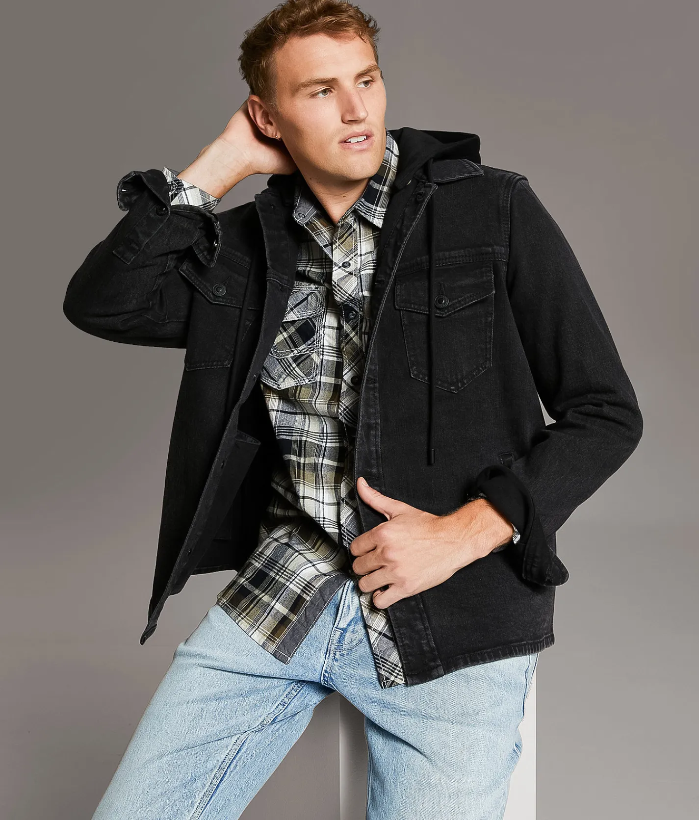 Tops|Coats & Jackets | BKE Bradley Hooded Denim Stretch Shacket Washed Black