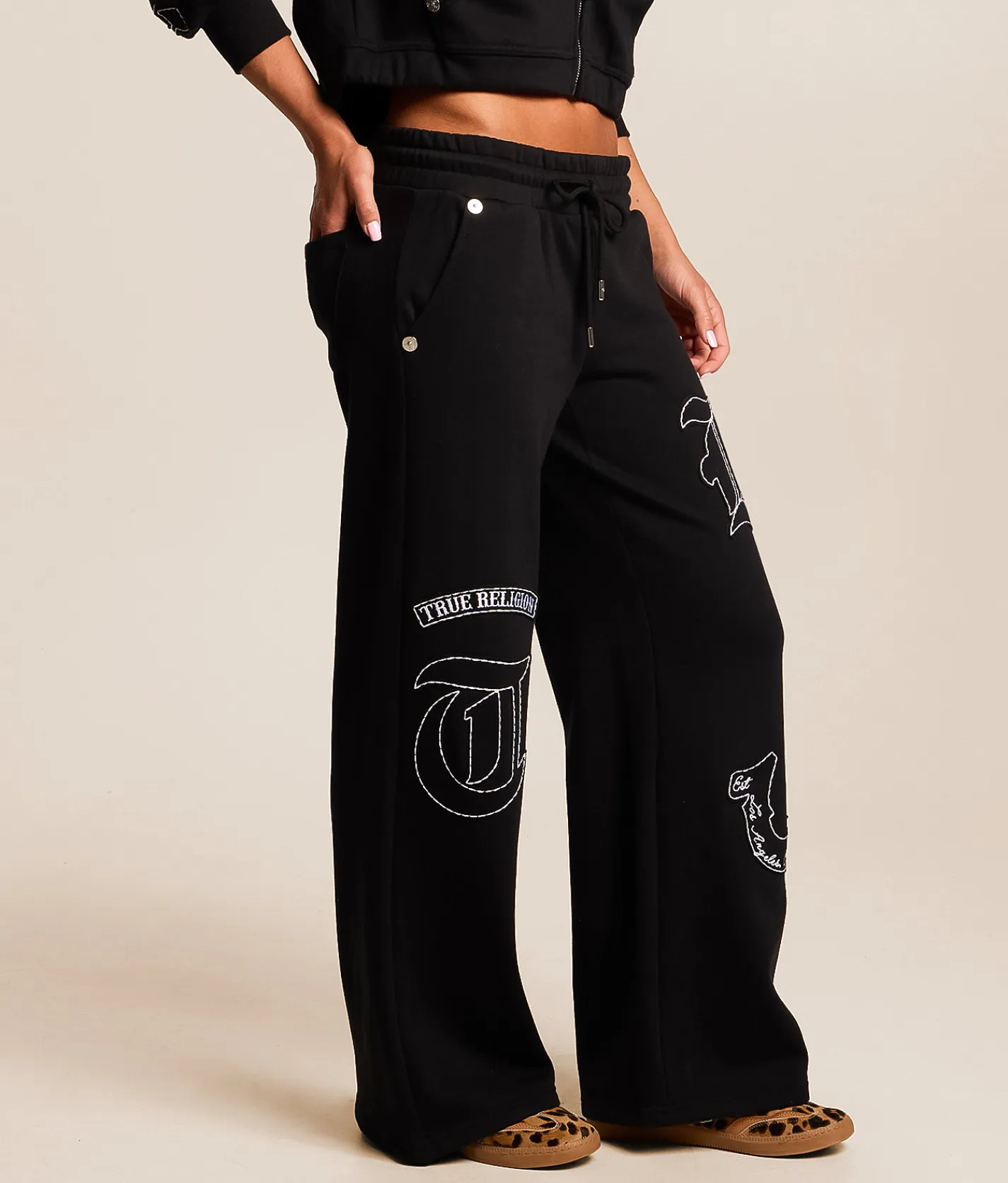 Bottoms | True Religion Branded Applique Wide Leg Pant Jet Black