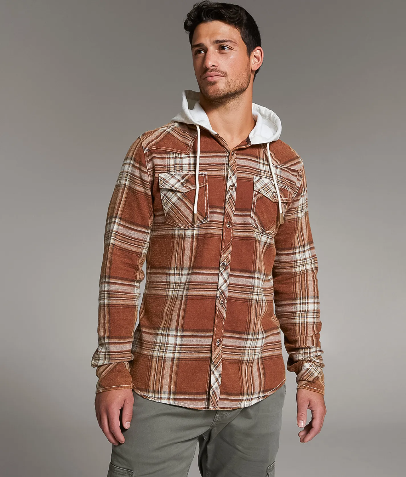 Tops | BKE Vintage Brushed Plaid Athletic Hooded Shirt Rust