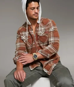 Tops | BKE Vintage Brushed Plaid Athletic Hooded Shirt Rust