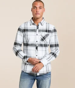 Tops | Departwest Brushed Plaid Athletic Shirt White Olive