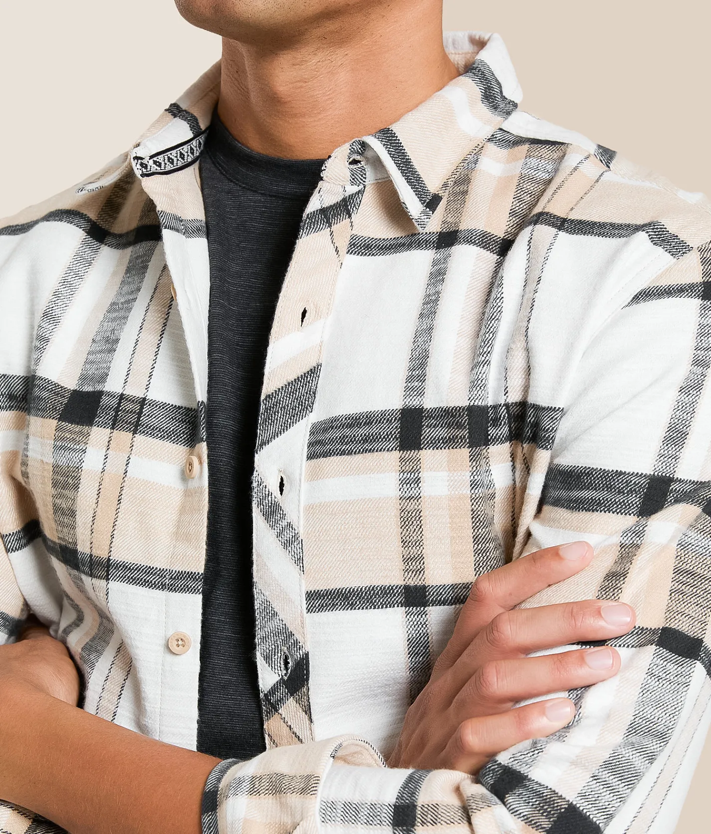 Departwest Brushed Plaid Athletic Shirt Tan Black Clearance