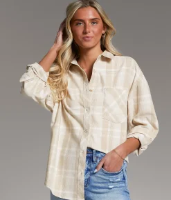BKE Brushed Plaid Boyfriend Shirt Taupe Cream Outlet
