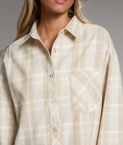 BKE Brushed Plaid Boyfriend Shirt Taupe Cream Outlet
