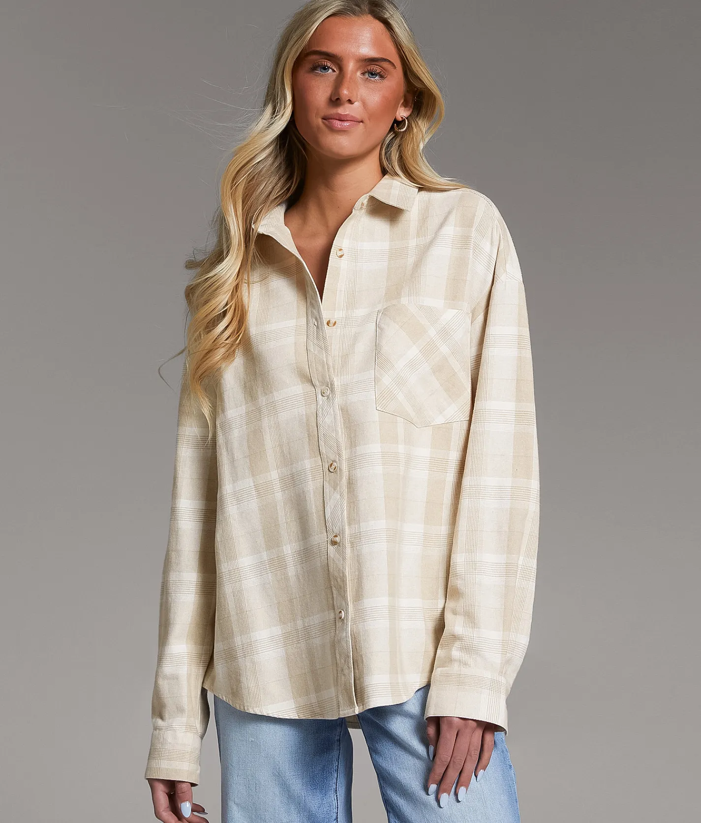 BKE Brushed Plaid Boyfriend Shirt Taupe Cream Outlet
