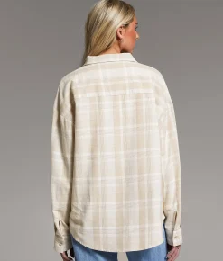 BKE Brushed Plaid Boyfriend Shirt Taupe Cream Outlet