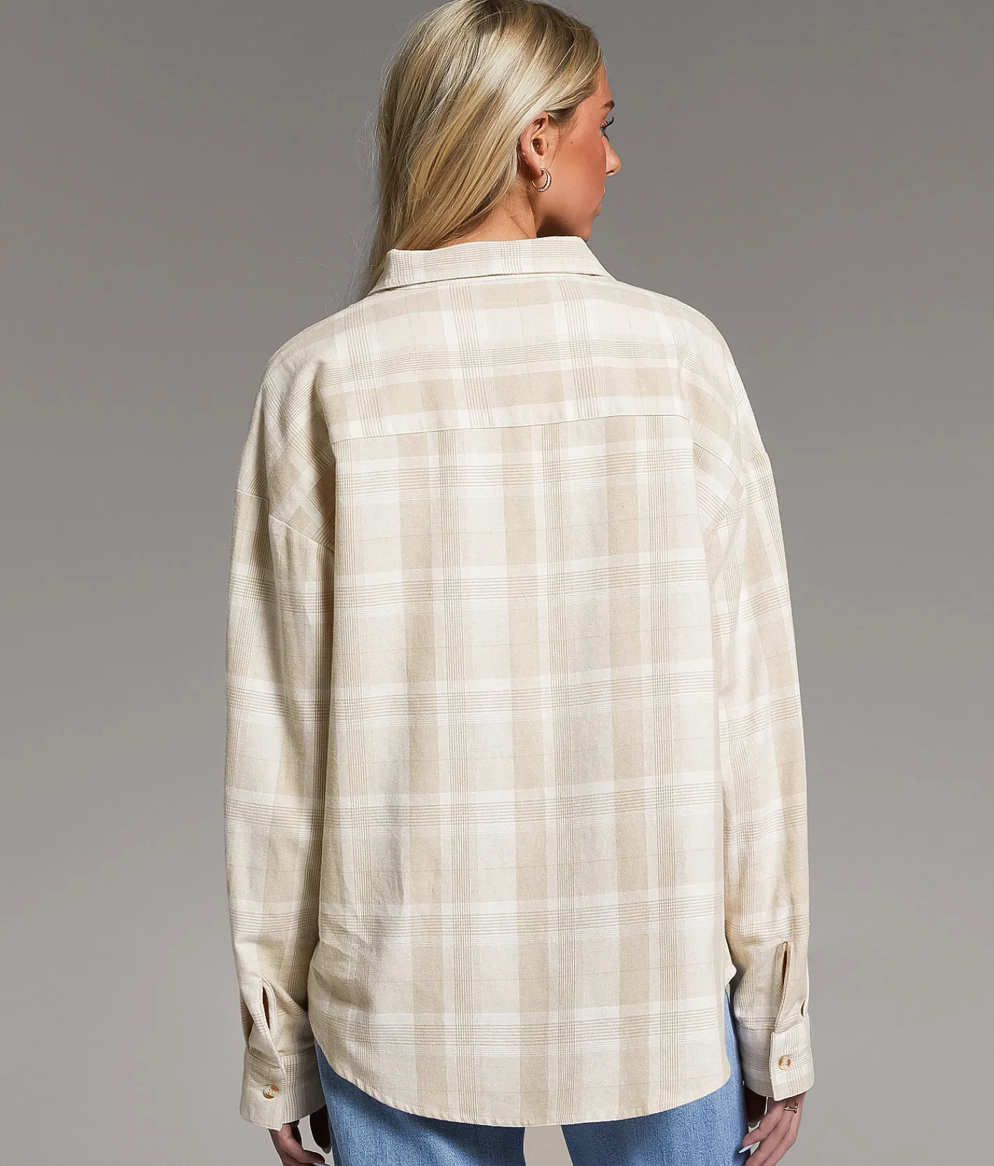 BKE Brushed Plaid Boyfriend Shirt Taupe Cream Outlet