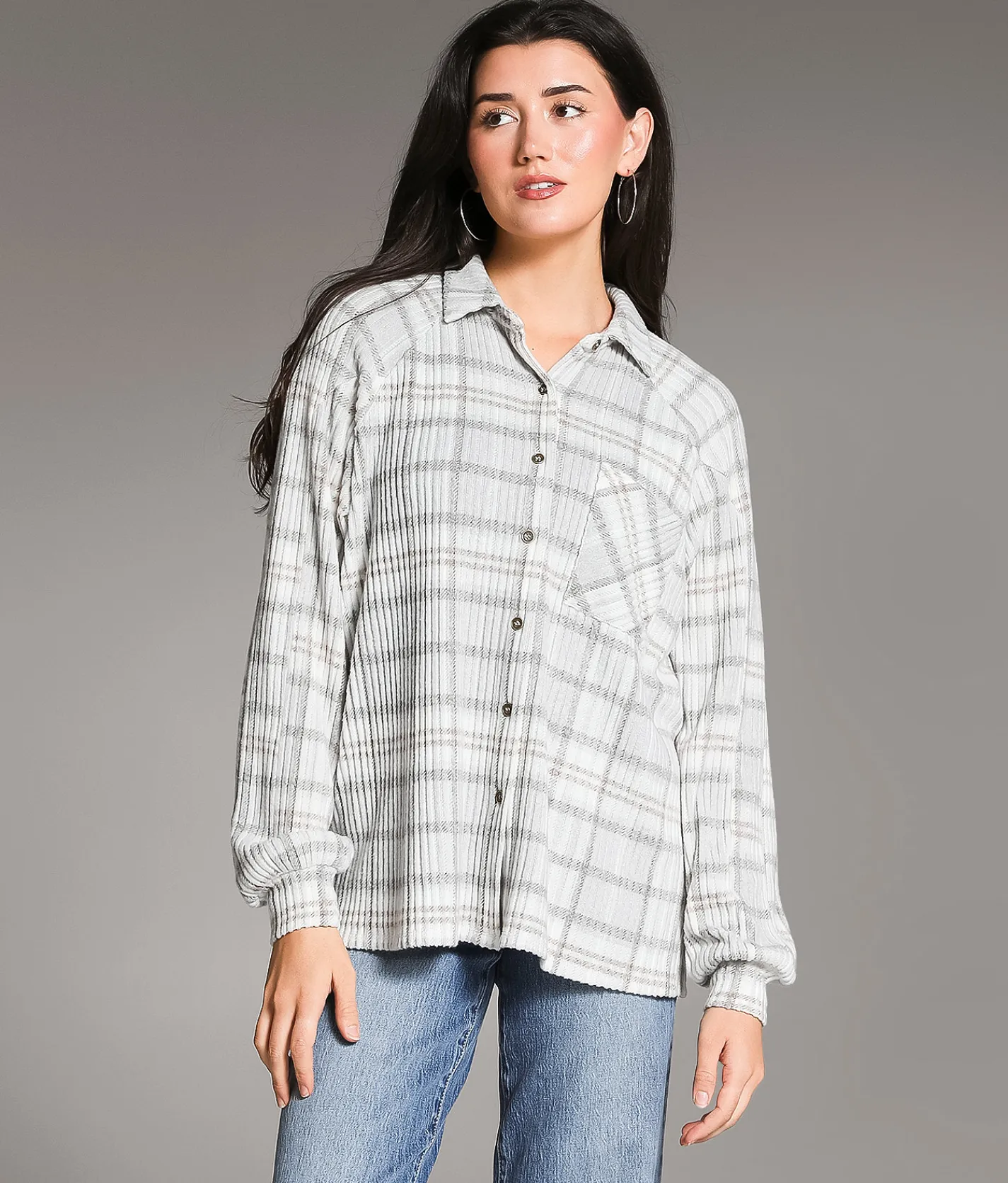 Tops | BKE Brushed Plaid Knit Shirt Grey