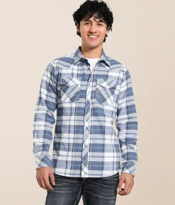 Tops | Reclaim Brushed Plaid Standard Shirt White Blue