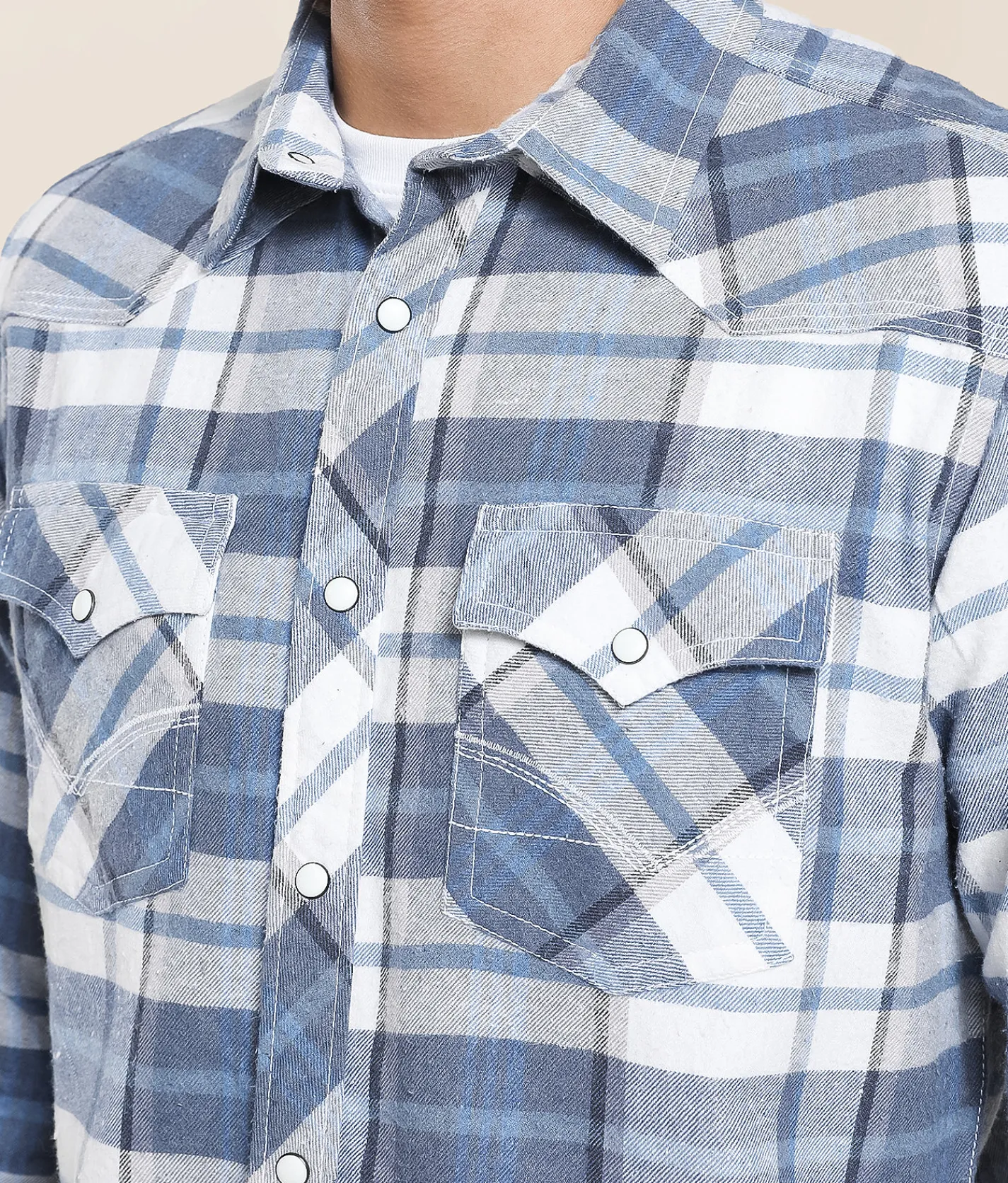 Tops | Reclaim Brushed Plaid Standard Shirt White Blue