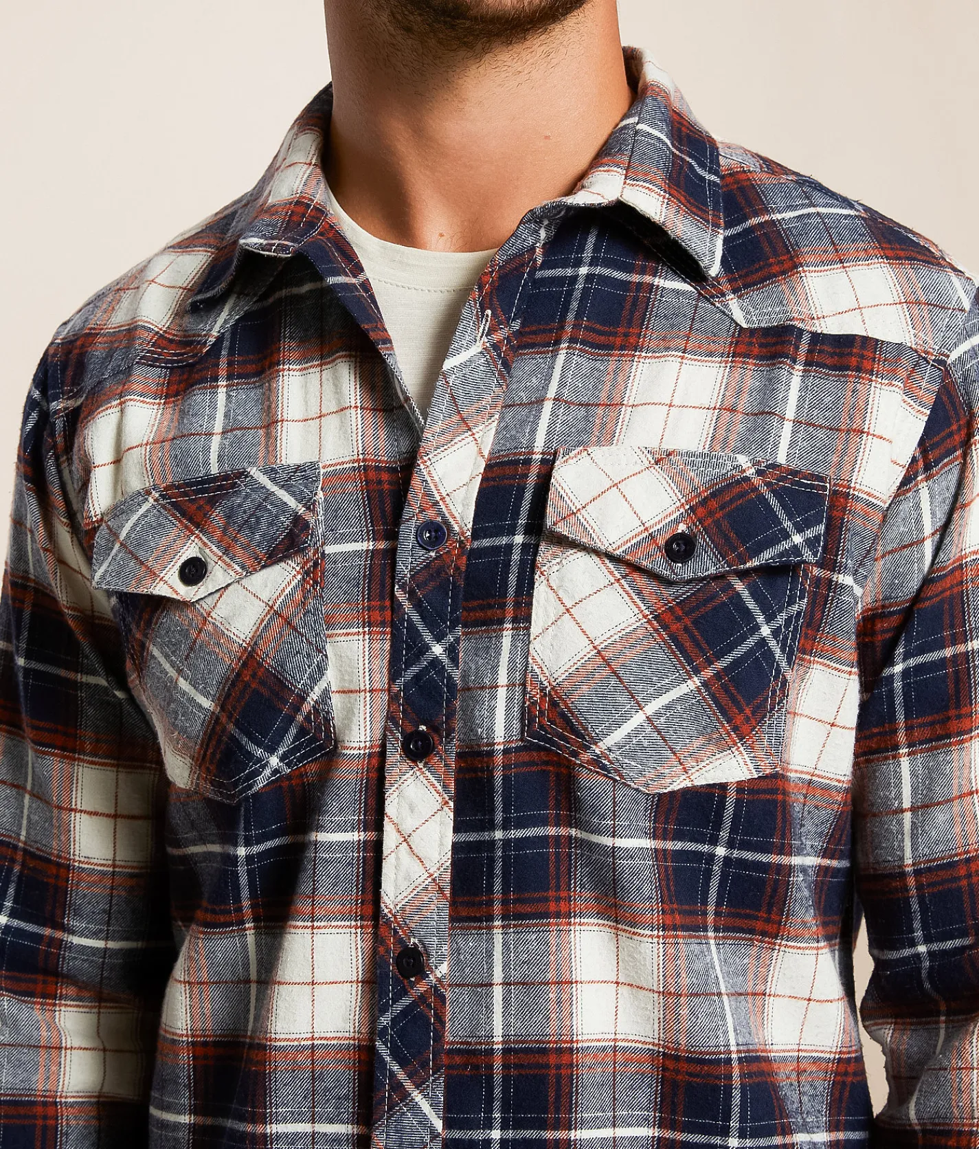 Tops | Reclaim Brushed Plaid Standard Shirt Cream Navy Orange
