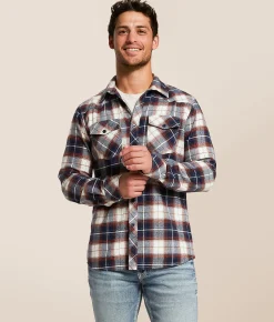 Tops | Reclaim Brushed Plaid Standard Shirt Cream Navy Orange