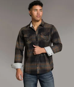 Tops | BKE Brushed Plaid Standard Shirt Black Tobacco