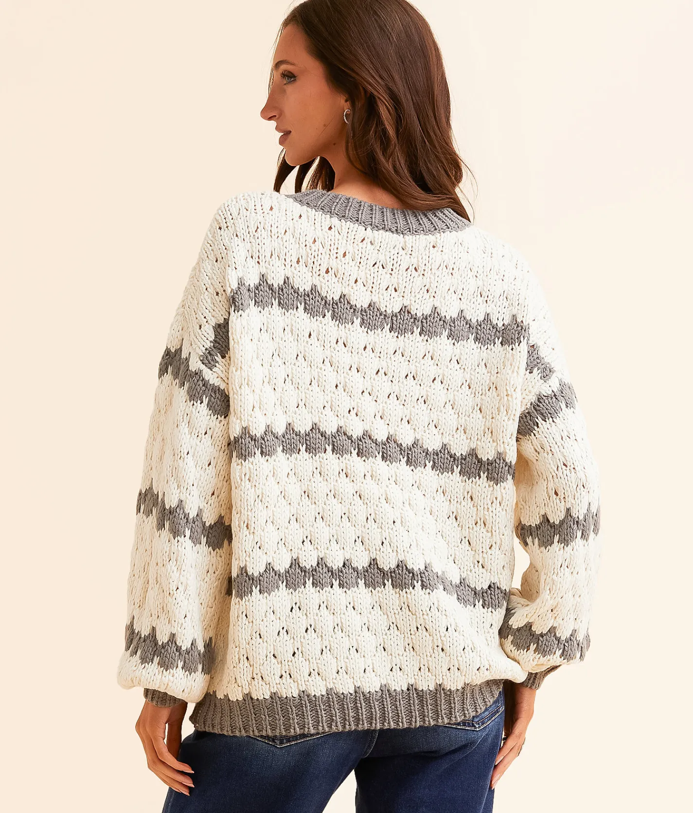 Tops | Daytrip Bubble Striped Sweater Cream Grey