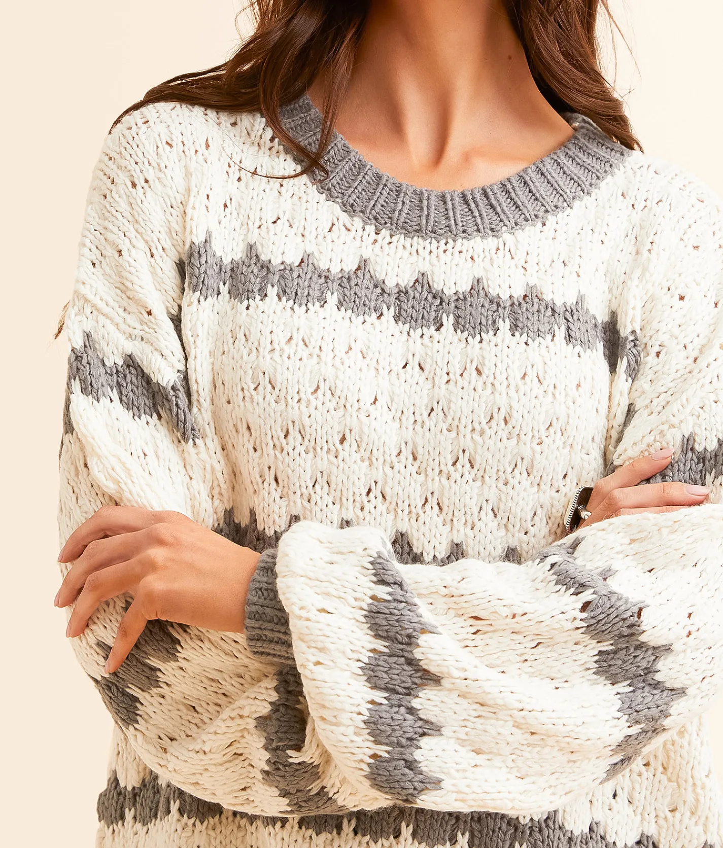 Tops | Daytrip Bubble Striped Sweater Cream Grey