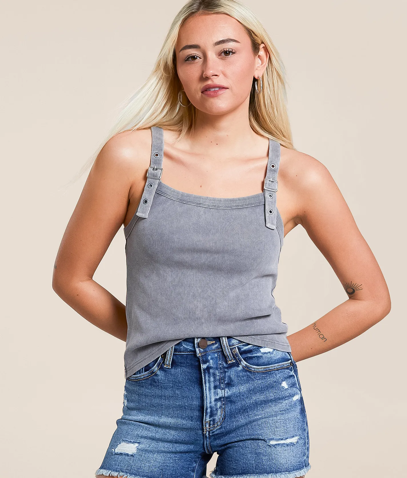 Tops | Gilded Intent Buckle Strap Tank Top Grey