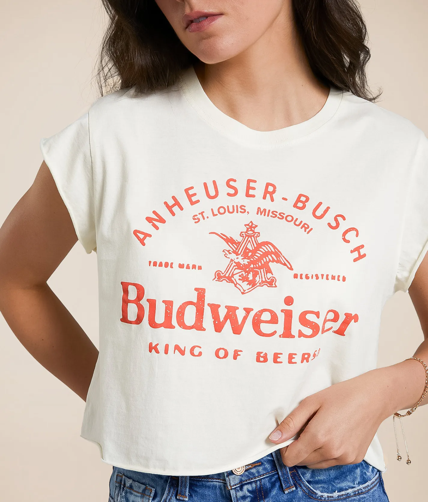 Life Clothing Budweiser Cropped T-Shirt Cream Sale