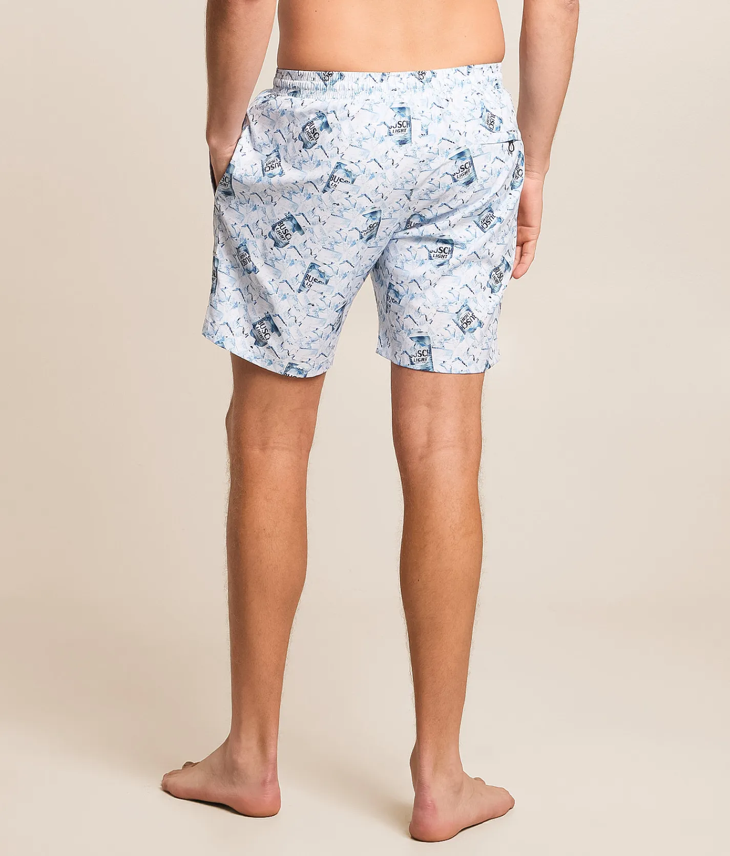 Bottoms|Swimwear | Tropical Bros. Busch Light Ice & Cans Swim Trunks White