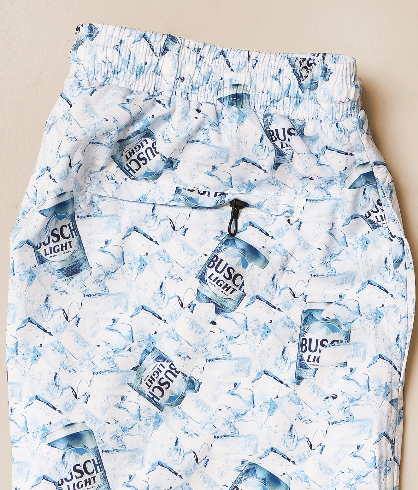Bottoms|Swimwear | Tropical Bros. Busch Light Ice & Cans Swim Trunks White