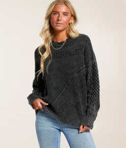 Gilded Intent Cable Knit Destructed Sweater Washed Black Clearance