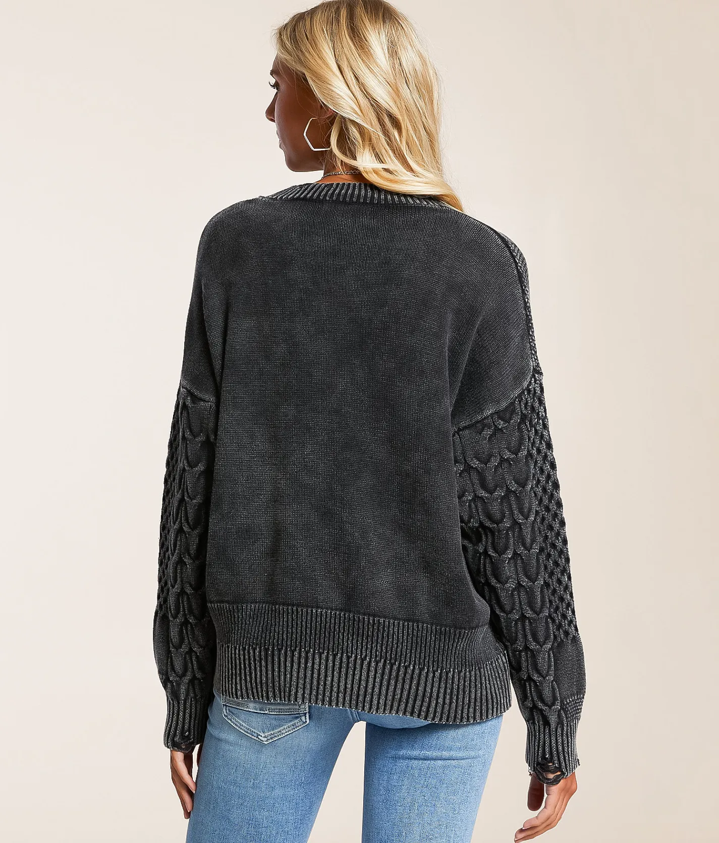 Gilded Intent Cable Knit Destructed Sweater Washed Black Clearance