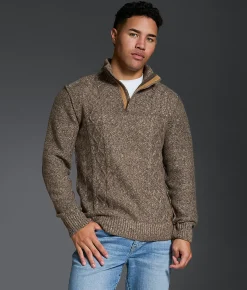 Outpost Makers Cable Knit Quarter Zip Sweater Brown White Discount
