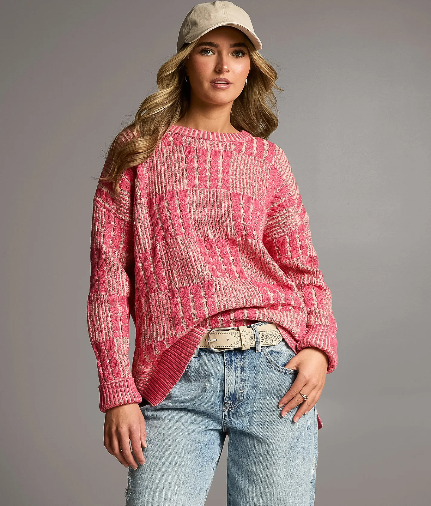 BKE Cable Knit Sweater Geranium Cream New