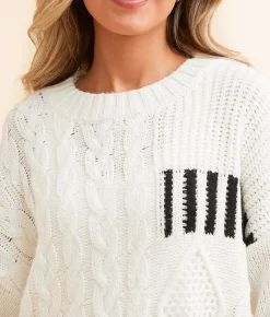 BKE Cable Knit Sweater White Black Outlet
