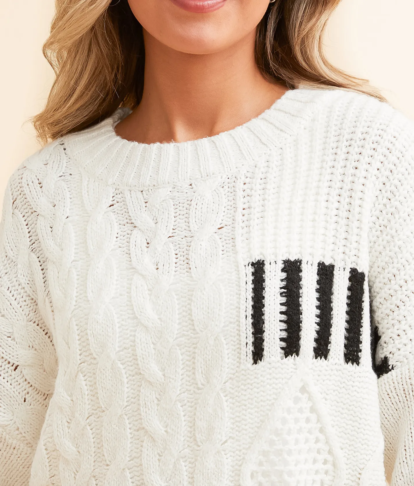 BKE Cable Knit Sweater White Black Outlet