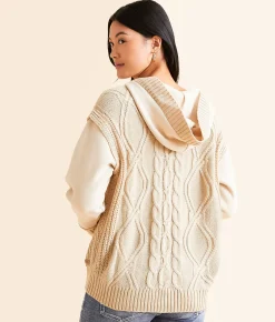 BKE Cable Lace-Up Hooded Sweater Peyote Clearance