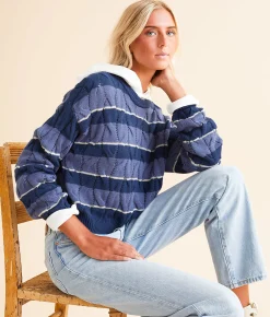 FITZ + EDDI Cable Stripe Cropped Sweater Blue Stripe Discount