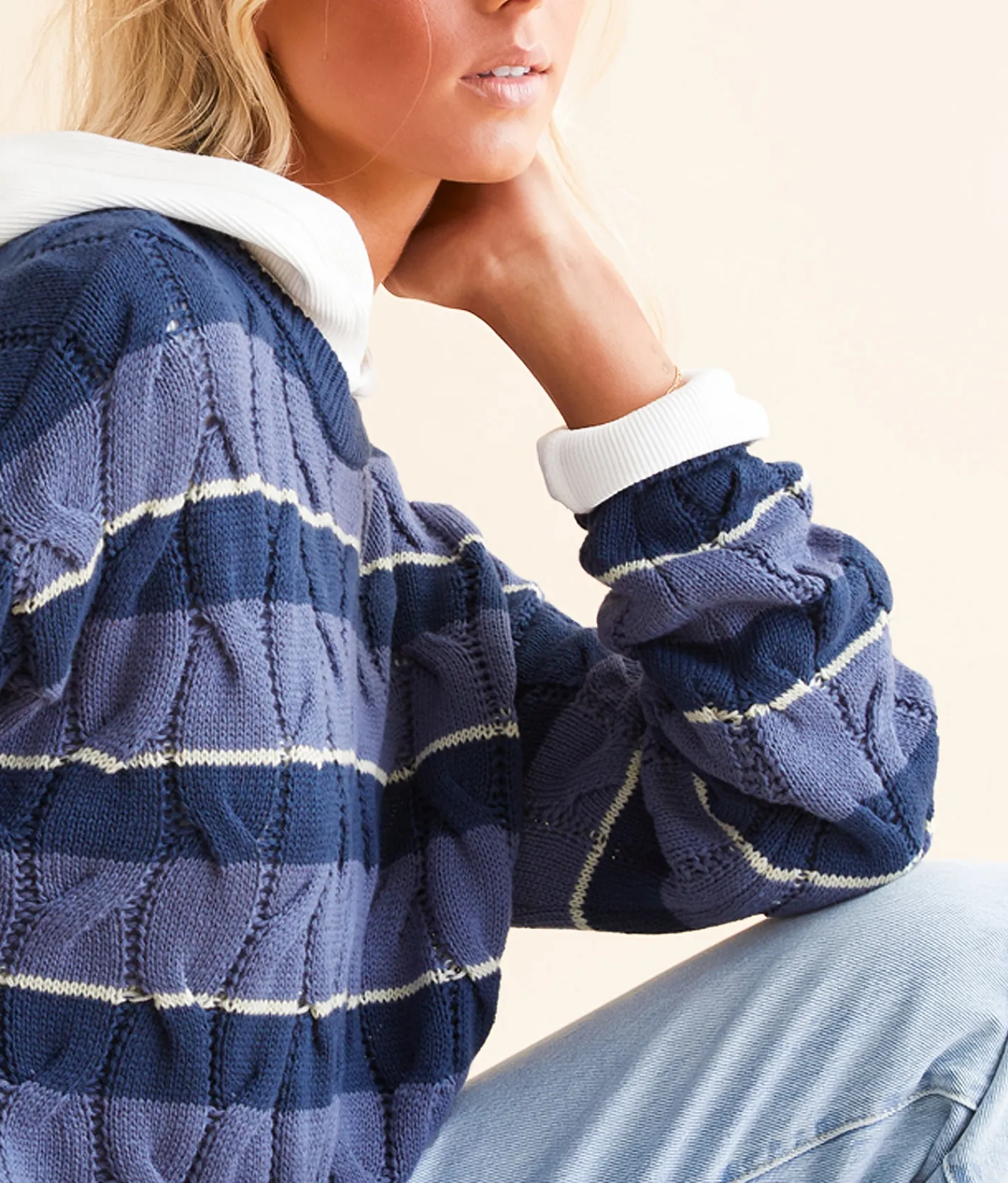 FITZ + EDDI Cable Stripe Cropped Sweater Blue Stripe Discount
