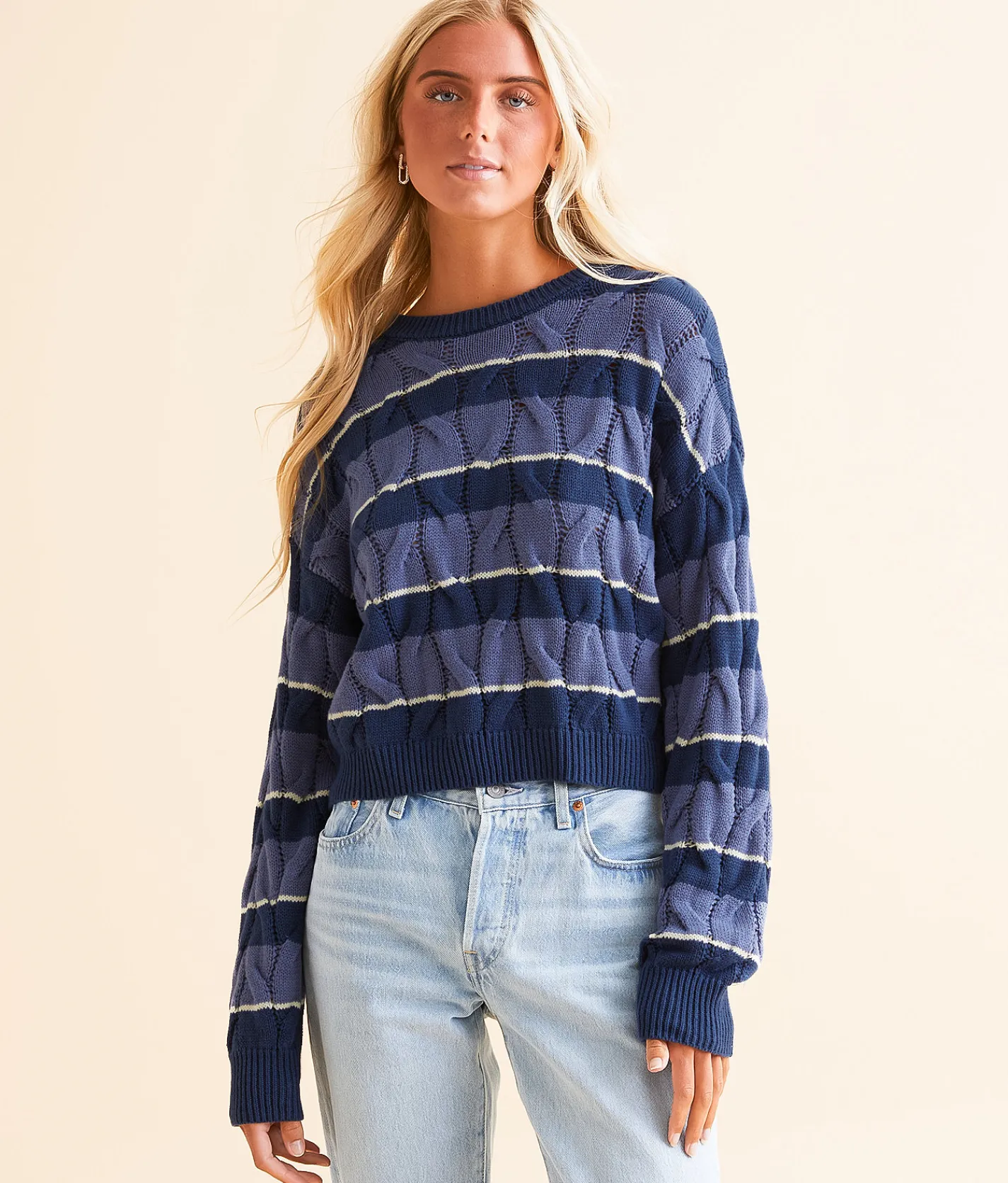 FITZ + EDDI Cable Stripe Cropped Sweater Blue Stripe Discount