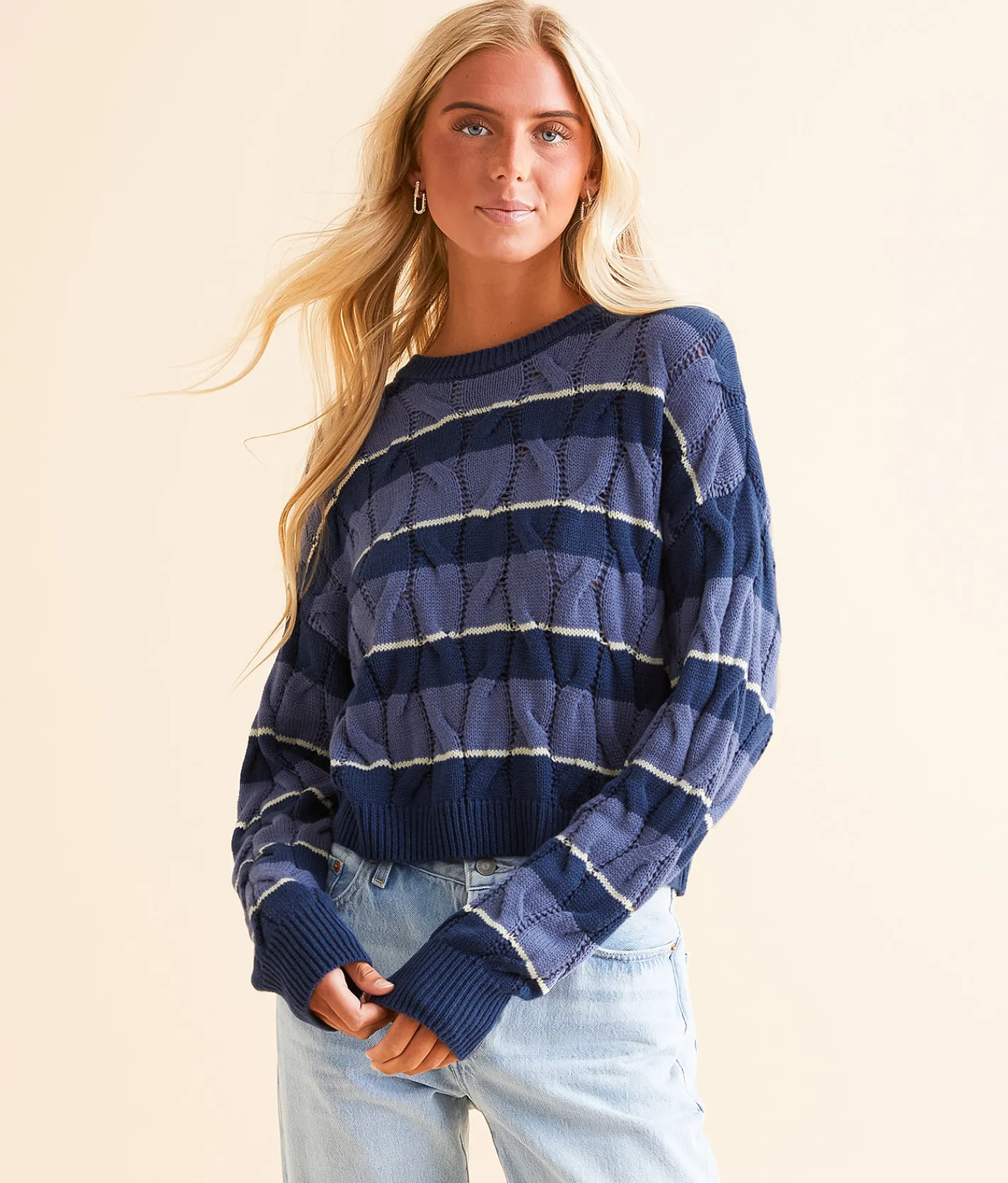FITZ + EDDI Cable Stripe Cropped Sweater Blue Stripe Discount